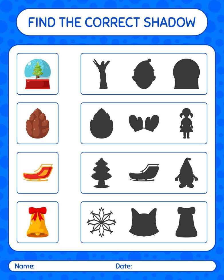 Find the correct shadows game with christmas icon. worksheet for preschool kids, kids activity sheet vector