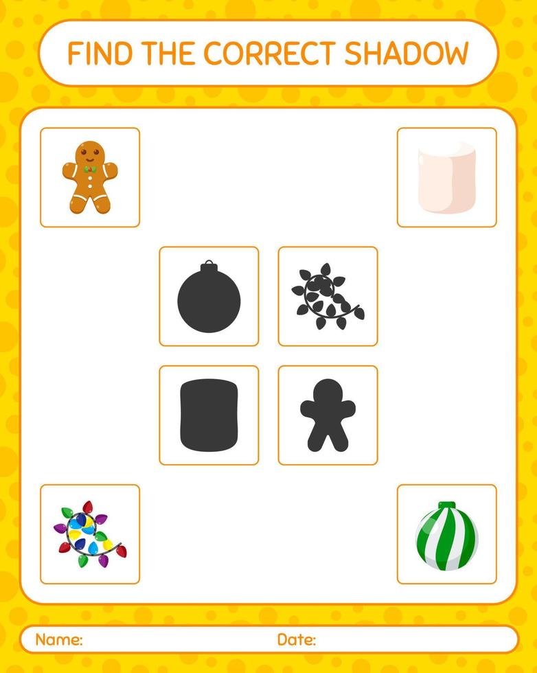 Find the correct shadows game with christmas icon. worksheet for preschool kids, kids activity sheet vector