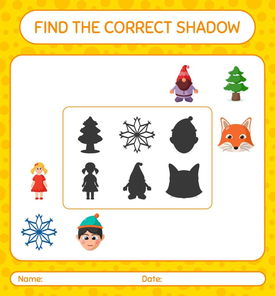 Find the correct shadows game with christmas icon. worksheet for preschool kids, kids activity sheet vector