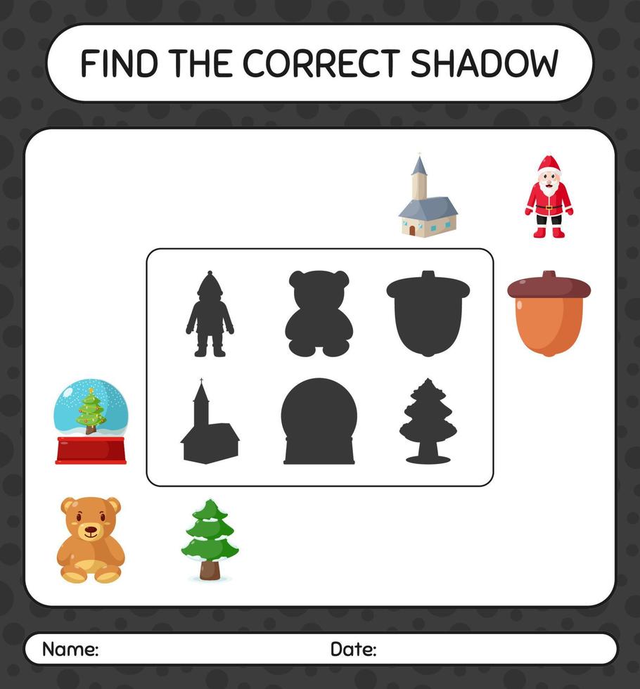 Find the correct shadows game with christmas icon. worksheet for preschool kids, kids activity sheet vector