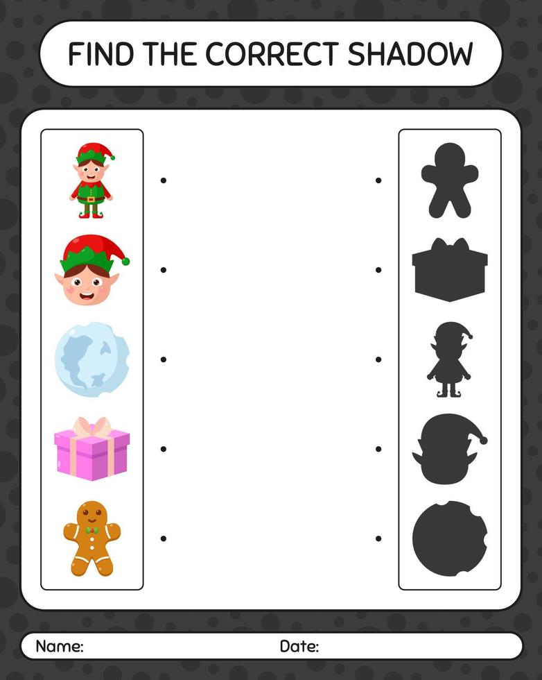 Find the correct shadows game with christmas icon. worksheet for preschool kids, kids activity sheet vector