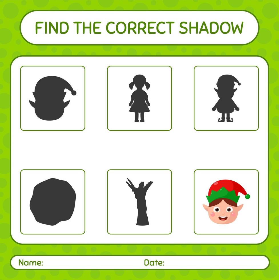 Find the correct shadows game with elf. worksheet for preschool kids, kids activity sheet vector