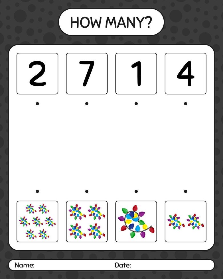 How many counting game with string light. worksheet for preschool kids, kids activity sheet vector