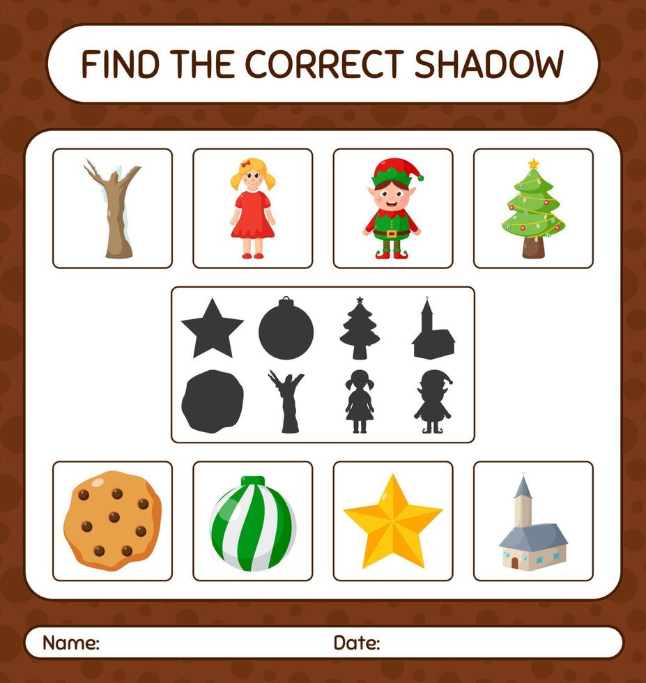 Find the correct shadows game with christmas icon. worksheet for preschool kids, kids activity sheet vector