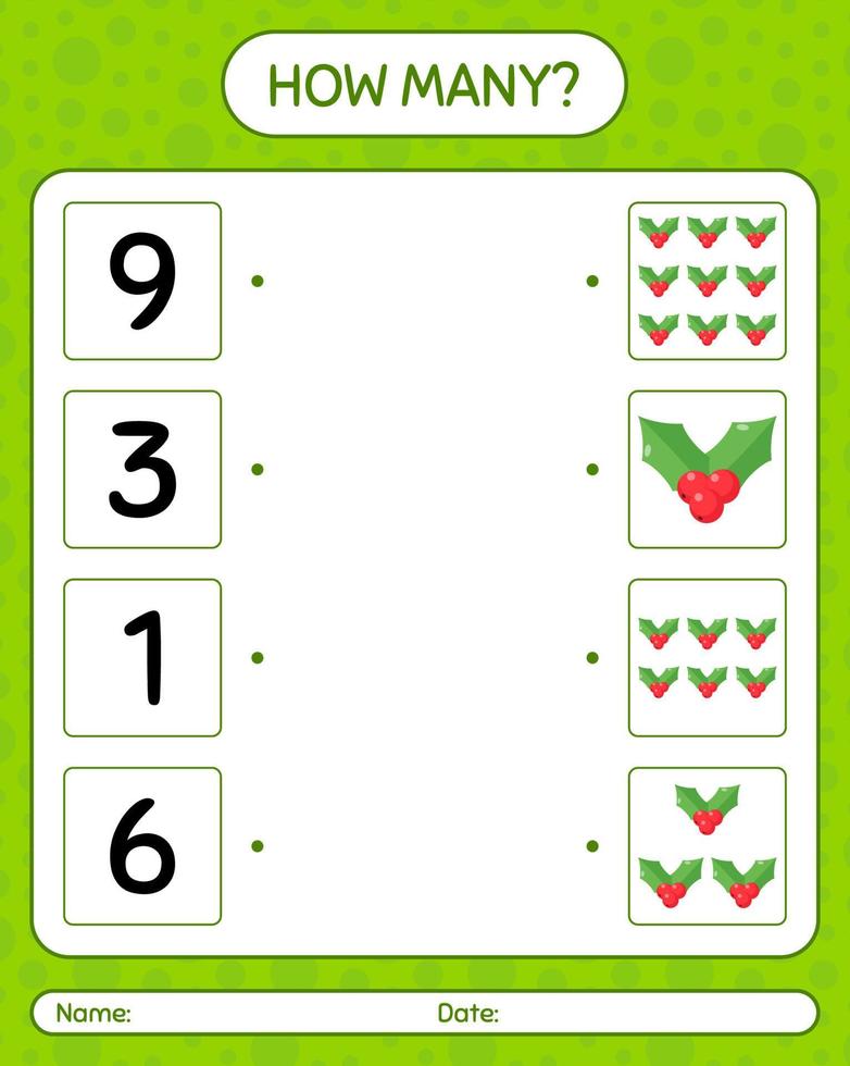 How many counting game with holly berry. worksheet for preschool kids, kids activity sheet vector