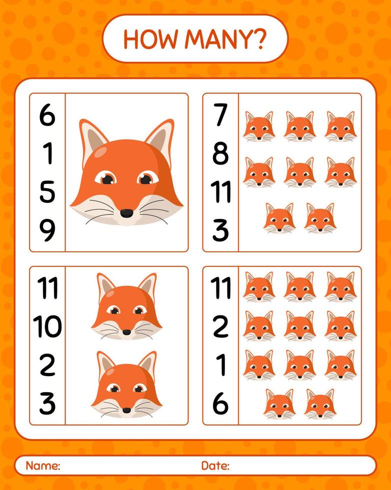 How many counting game with red fox. worksheet for preschool kids, kids activity sheet vector