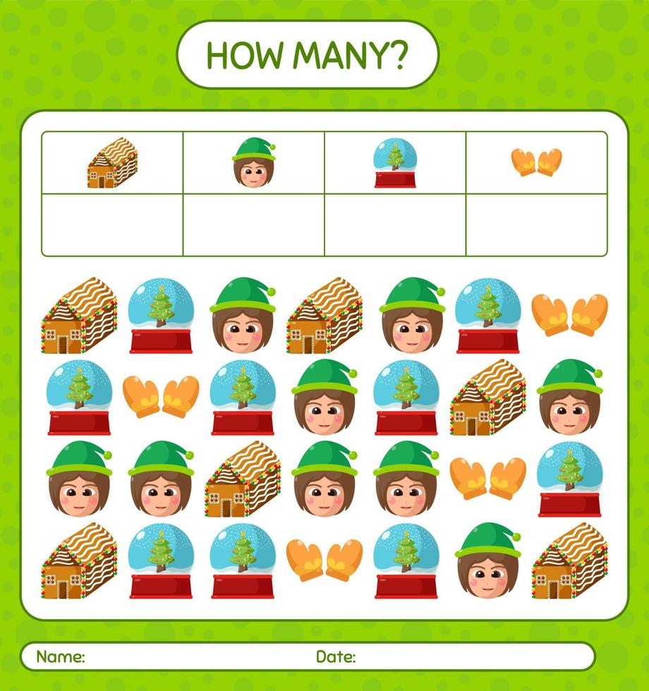 How many counting game with christmas icon. worksheet for preschool kids, kids activity sheet vector
