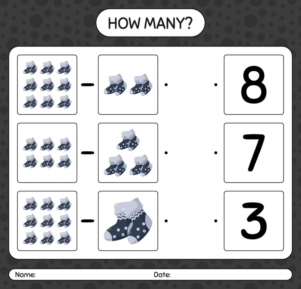 How many counting game with sock. worksheet for preschool kids, kids activity sheet vector