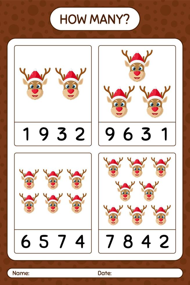 How many counting game with reindeer. worksheet for preschool kids, kids activity sheet vector