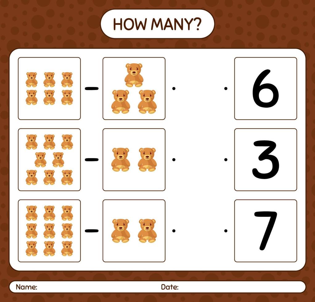 How many counting game with teddy bear. worksheet for preschool kids, kids activity sheet vector