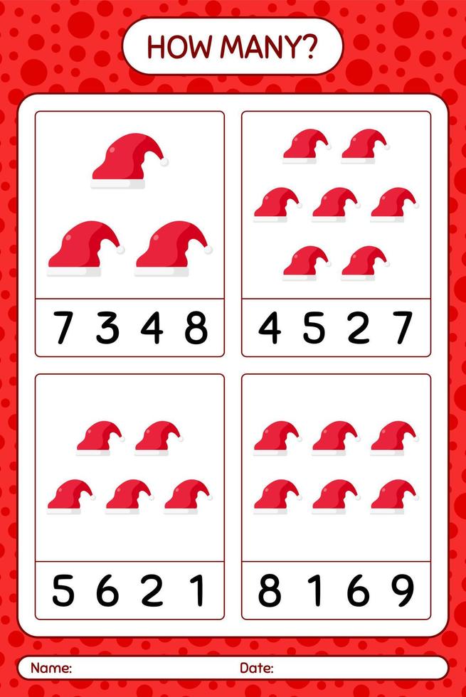 How many counting game with santa hat. worksheet for preschool kids, kids activity sheet vector