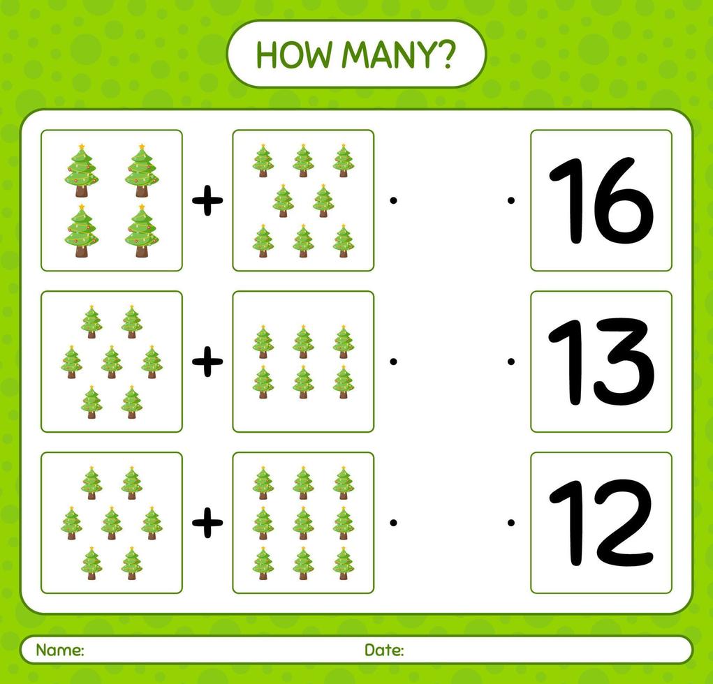 How many counting game with christmas tree. worksheet for preschool kids, kids activity sheet vector