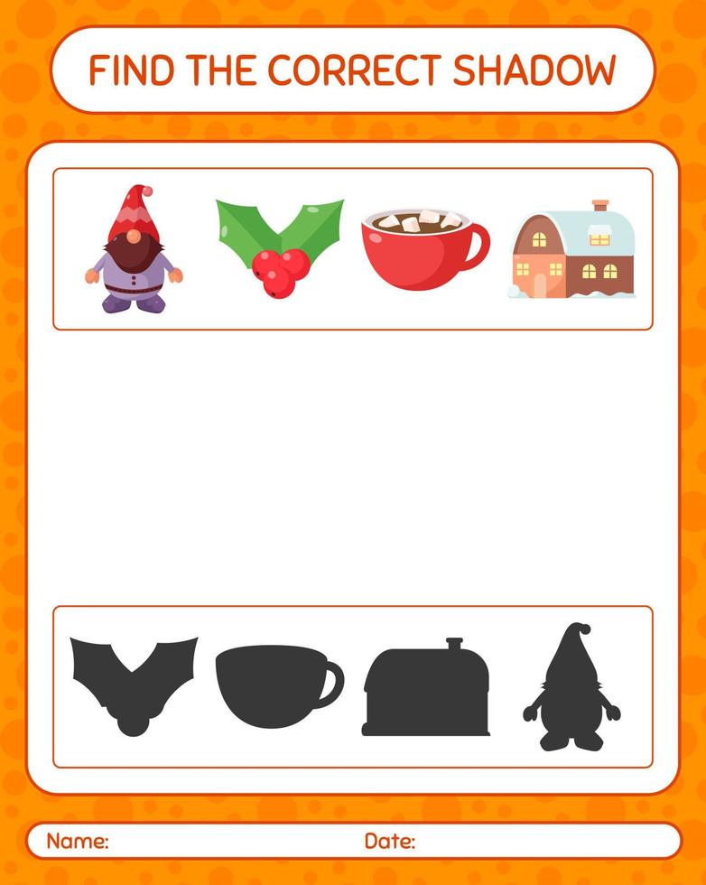 Find the correct shadows game with christmas icon. worksheet for preschool kids, kids activity sheet vector