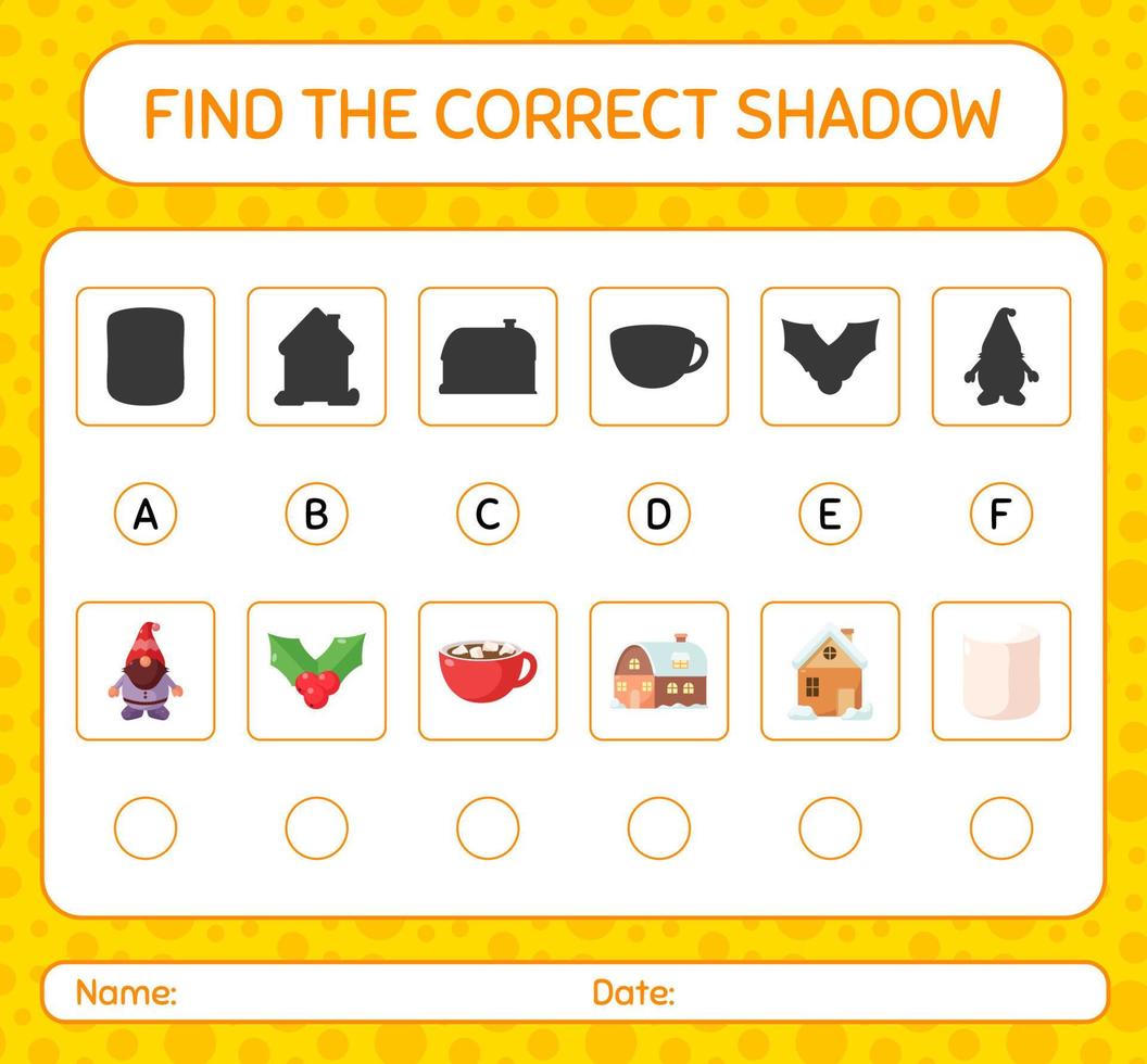 Find the correct shadows game with christmas icon. worksheet for preschool kids, kids activity sheet vector