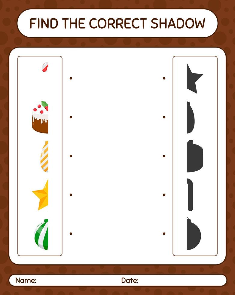 Find the correct shadows game with christmas icon. worksheet for preschool kids, kids activity sheet vector