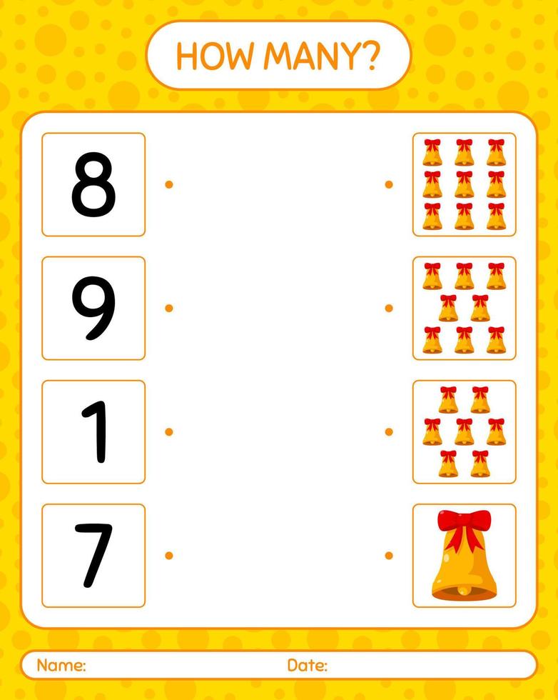 How many counting game with bell. worksheet for preschool kids, kids activity sheet vector