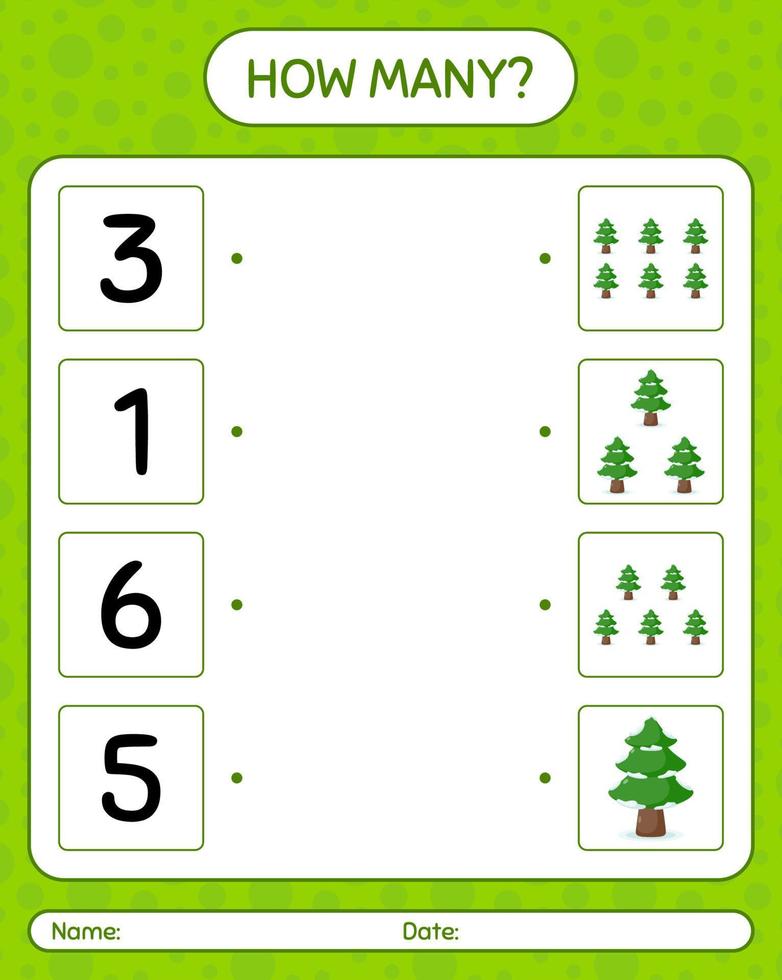 How many counting game with pine tree. worksheet for preschool kids, kids activity sheet vector