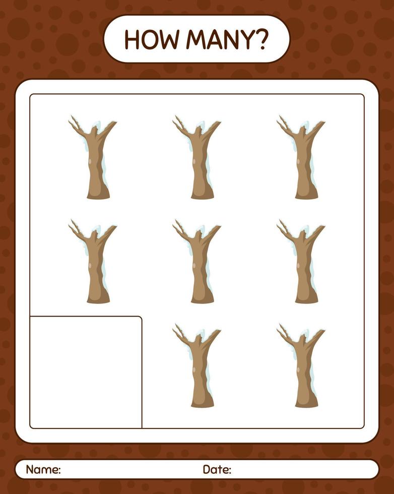 How many counting game with dead tree. worksheet for preschool kids, kids activity sheet vector