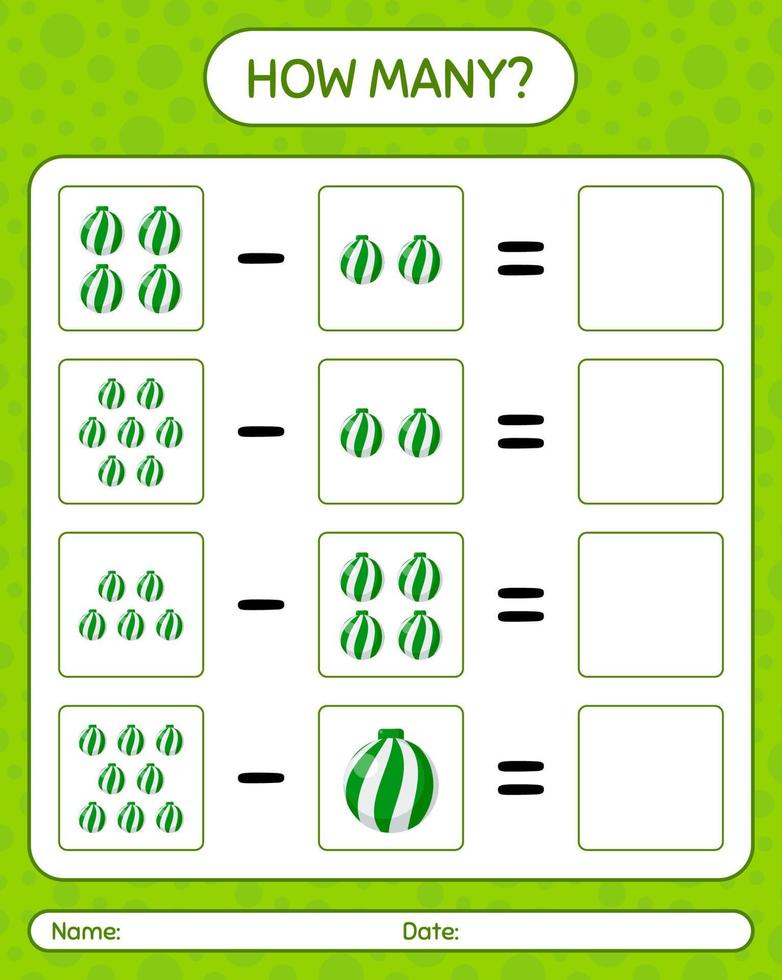 How many counting game with christmas ornament. worksheet for preschool kids, kids activity sheet vector