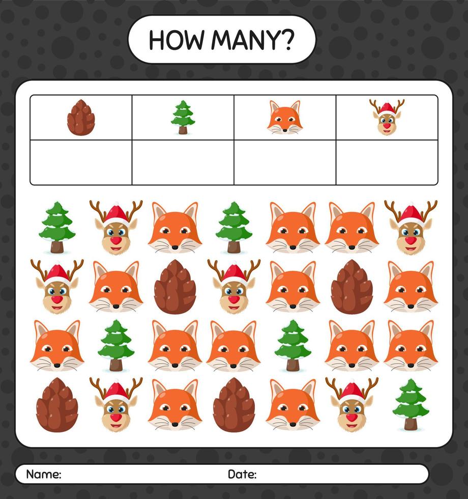 How many counting game with christmas icon. worksheet for preschool kids, kids activity sheet vector