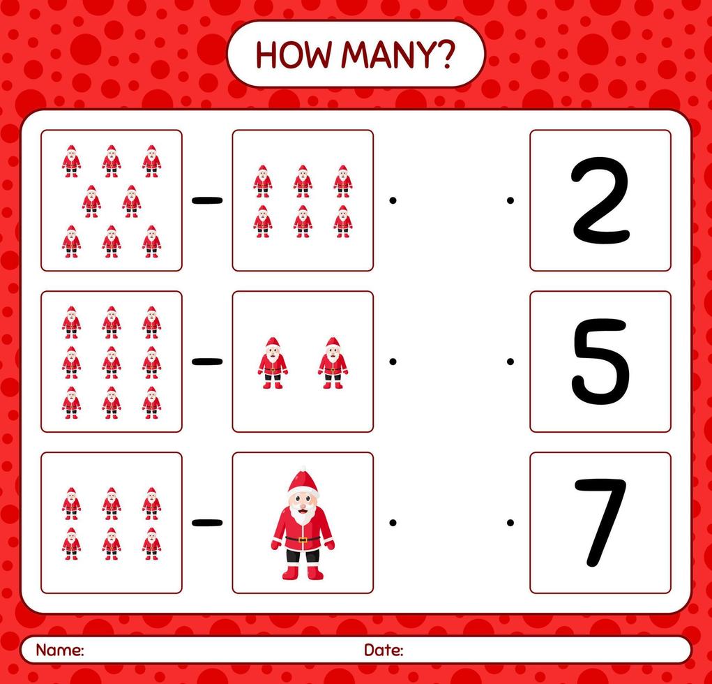 How many counting game with , santa claus. worksheet for preschool kids, kids activity sheet vector