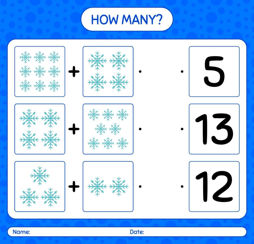 How many counting game with snowman. worksheet for preschool kids, kids activity sheet vector