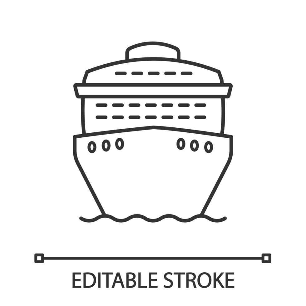 Cruise ship in front view linear icon. Ocean liner. Thin line illustration. Boat, cruiseship, ferry. Water transport. Summer voyage. Contour symbol. Vector isolated outline drawing. Editable stroke