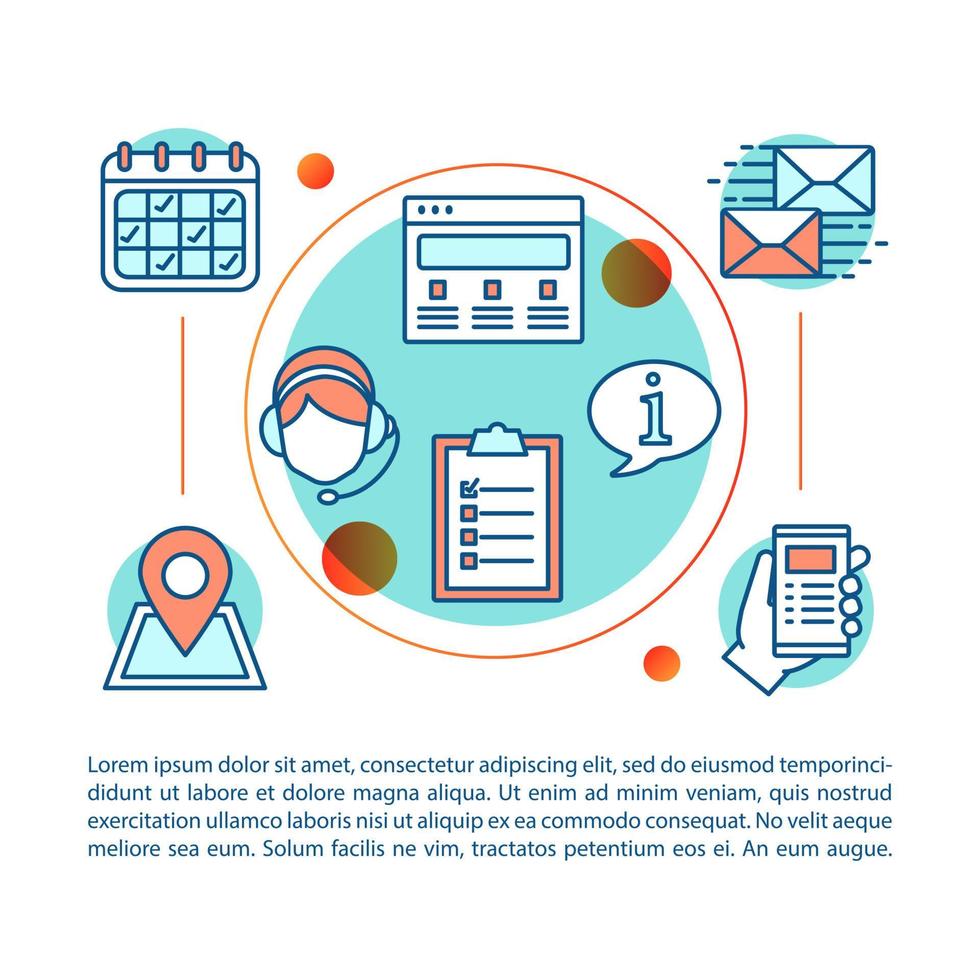 Contact us concept linear illustration. Information center. Infocenter. Call center. Hotline. Article, brochure, magazine page layout. Thin line icons with text boxes. Vector isolated outline drawing