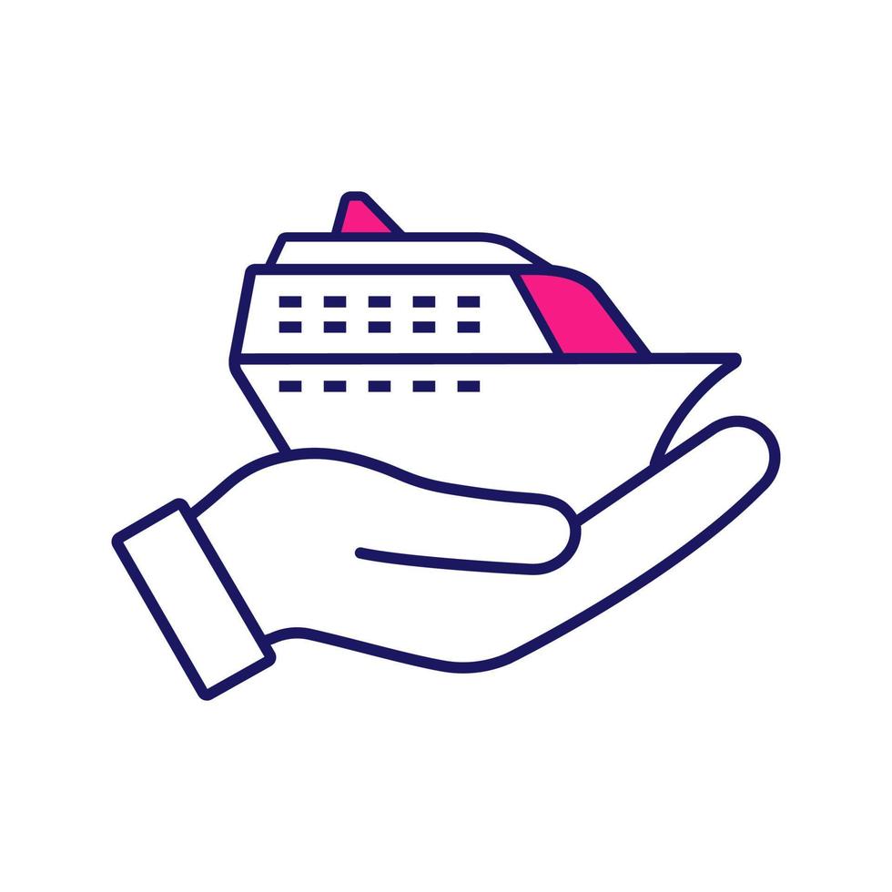 Cruise service color icon. Hand holding cruise ship. Shore excursions, tours and travel agency. Voyage, trip planning. Isolated vector illustration