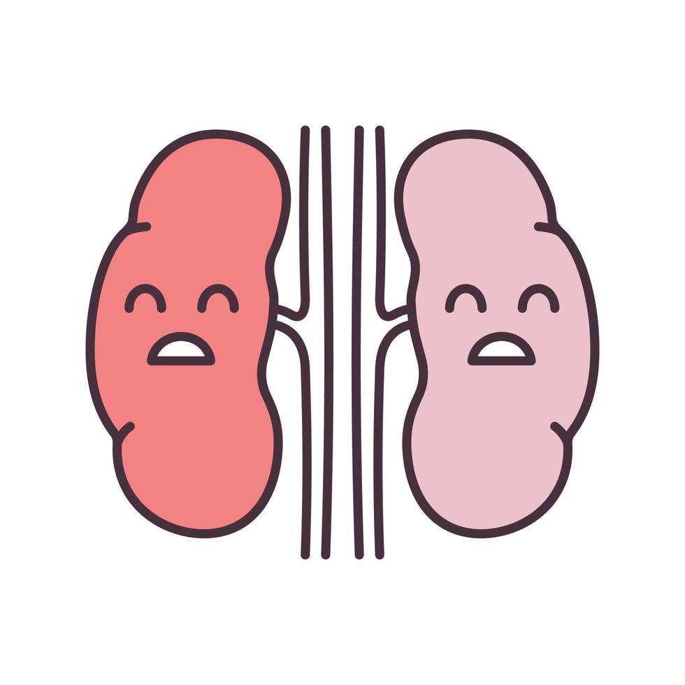 Sad human kidneys color icon. Unhealthy urinary tract. Urinary system disease. Isolated vector illustration