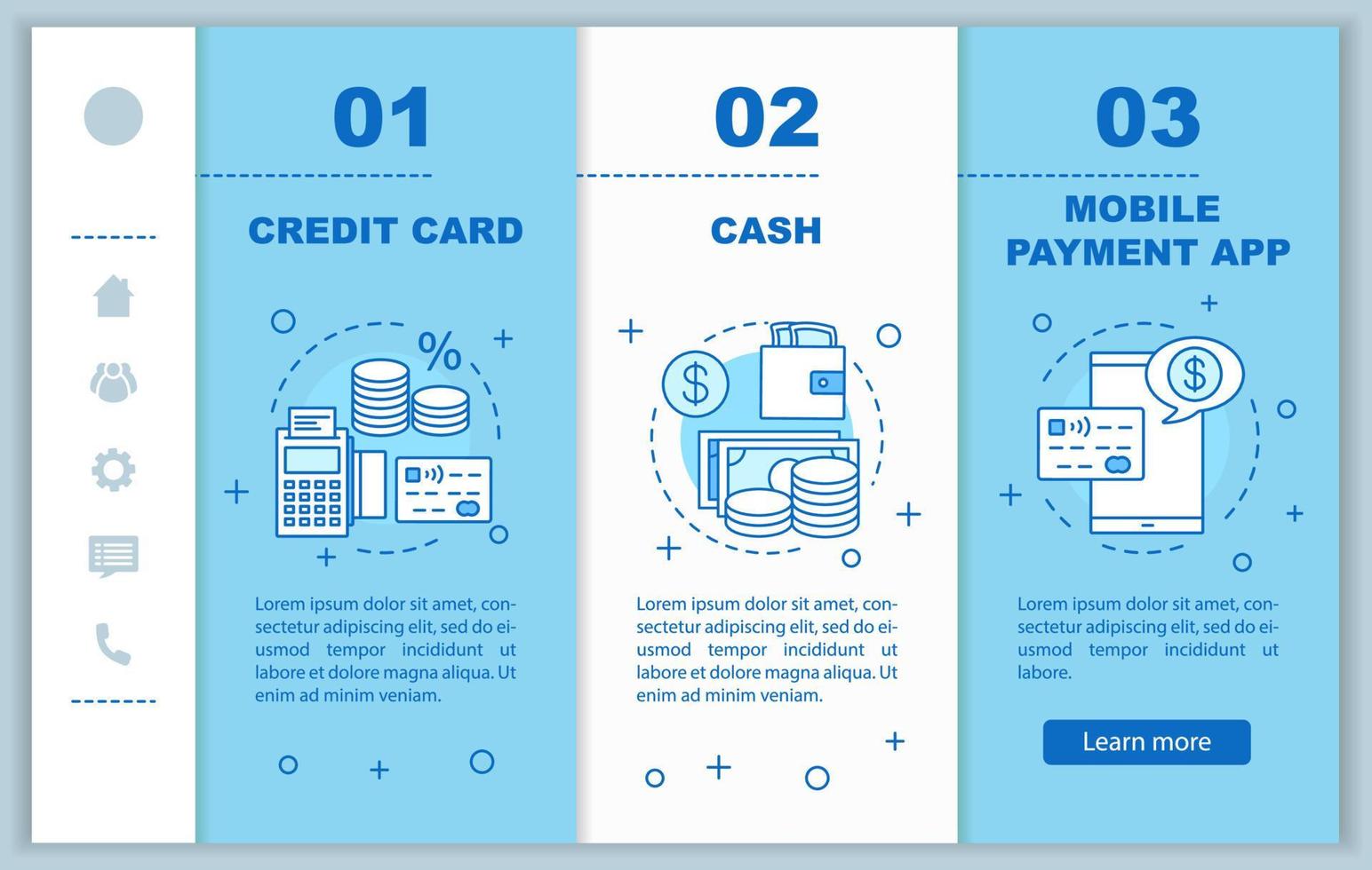 Banking onboarding mobile web pages vector template. Financial services. Credit card, cash, mobile payment app. Responsive smartphone website interface. Webpage walkthrough step screens. Color concept