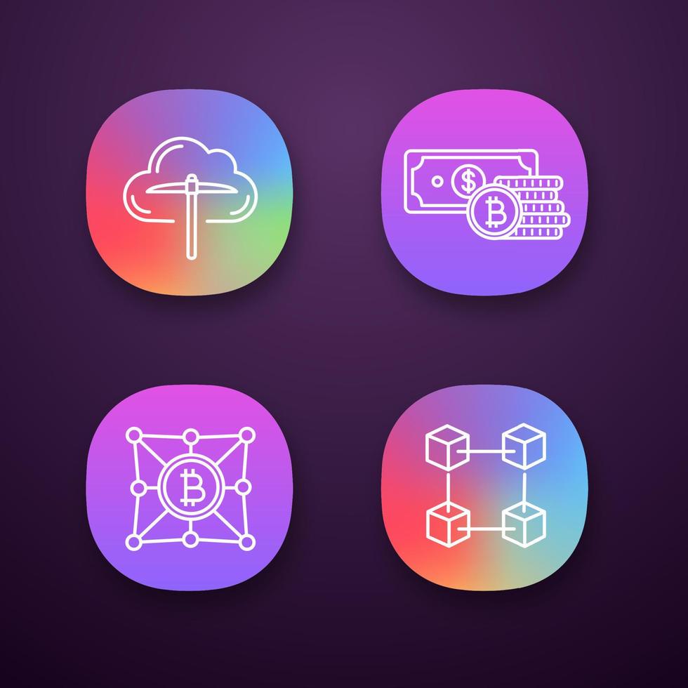 conjunto de iconos de aplicación de criptomoneda bitcoin. interfaz de usuario ui ux. minería en la nube, ahorro, red bitcoin, blockchain, fintech... aplicaciones web o móviles. Ilustraciones de vectores aislados