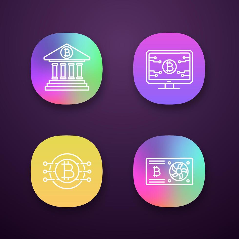 Bitcoin cryptocurrency app icons set. UI UX user interface. Online banking, bitcoin official web page, graphic card, CPU mining. Web or mobile applications. Vector isolated illustrations