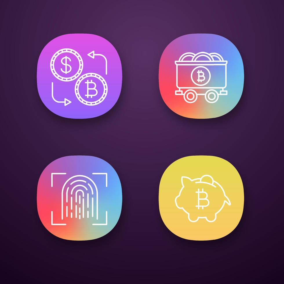 conjunto de iconos de aplicación de criptomoneda bitcoin. interfaz de usuario ui ux. cambio de divisas, carrito de minas con monedas bitcoin, escaneo de huellas dactilares, hucha. aplicaciones web o móviles. Ilustraciones de vectores aislados