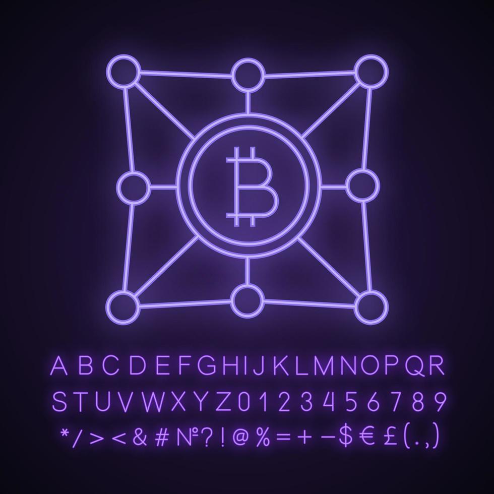 Blockchain network neon light icon. Bitcoin. Cryptocurrency. Digital money. Fintech and big data. Glowing sign with alphabet, numbers and symbols. Vector isolated illustration