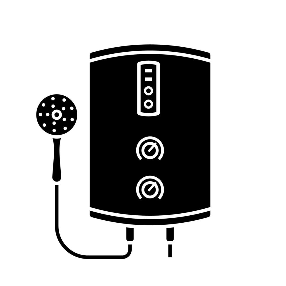 Electric tankless water heater glyph icon. Bathroom heating water. On demand home boiler with shower head. Silhouette symbol. Negative space. Vector isolated illustration