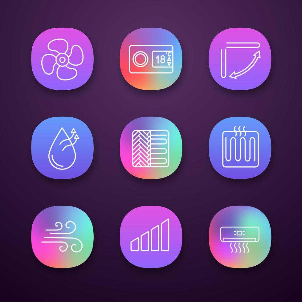 Air conditioning app icons set. UI UX user interface. Exhaust fan, thermostat, louvers, humidification, floor heating, heater, airflow, power level, air conditioner. Vector isolated illustrations