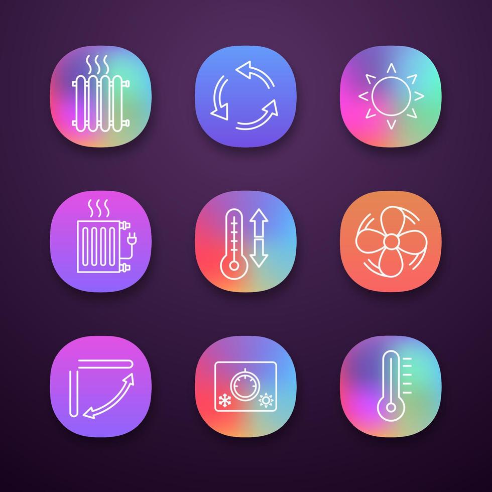 conjunto de iconos de aplicaciones de aire acondicionado. radiadores, ventilación, sol, climatizador, extractor de aire, persiana de aire acondicionado, termostato, termómetro. aplicaciones web o móviles. Ilustraciones de vectores aislados