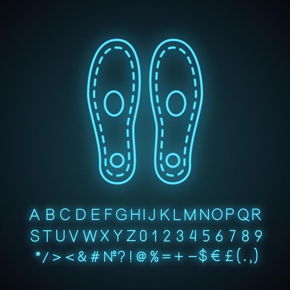 Orthopedic insoles neon light icon. Arch support. Orthotic insoles. Glowing sign with alphabet, numbers and symbols. Shoe pads. Flat foot treatment. Vector isolated illustration