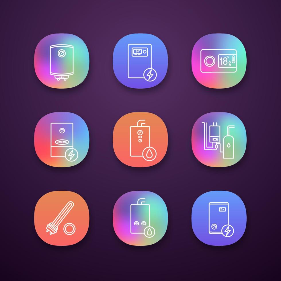 conjunto de iconos de aplicaciones de calefacción. Calderas, calentadores, termostato, cuarto de calderas. Calentador de agua a gas y eléctrico. sistemas de calefacción central comerciales, industriales y domésticos. Interfaz ui ux. ilustraciones vectoriales vector