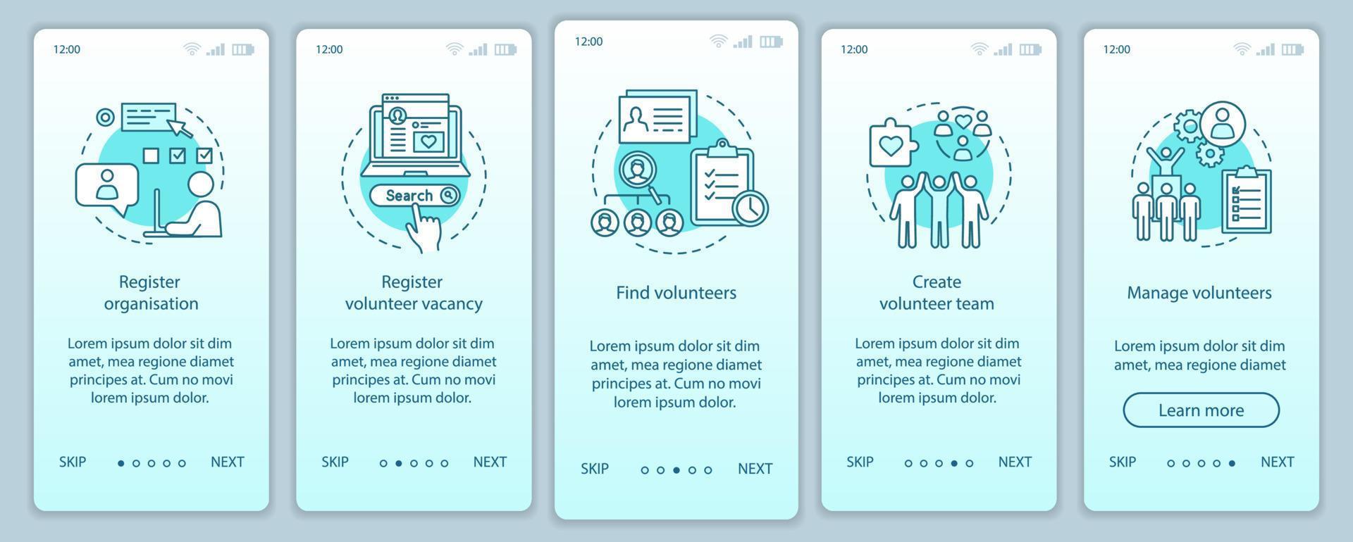 Volunteers finding onboarding mobile app page screen vector template. Humanitarian help. Volunteer program walkthrough website steps with linear illustrations. UX, UI, GUI smartphone interface concept
