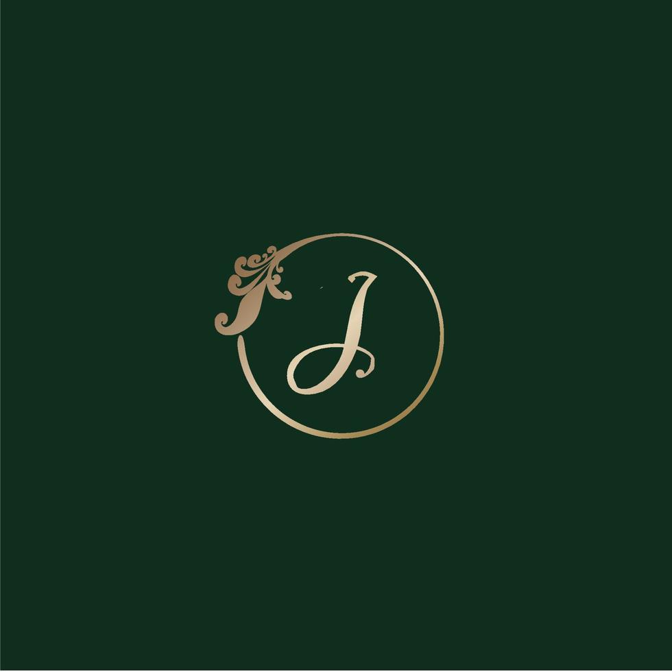 logotipo del alfabeto decorativo letra j aislado sobre fondo verde. plantilla de diseño de logotipo de abjad inicial de anillo de oro de lujo. elegante concepto de logotipo floral de rizo. proyecto de archivo eps 10 vector