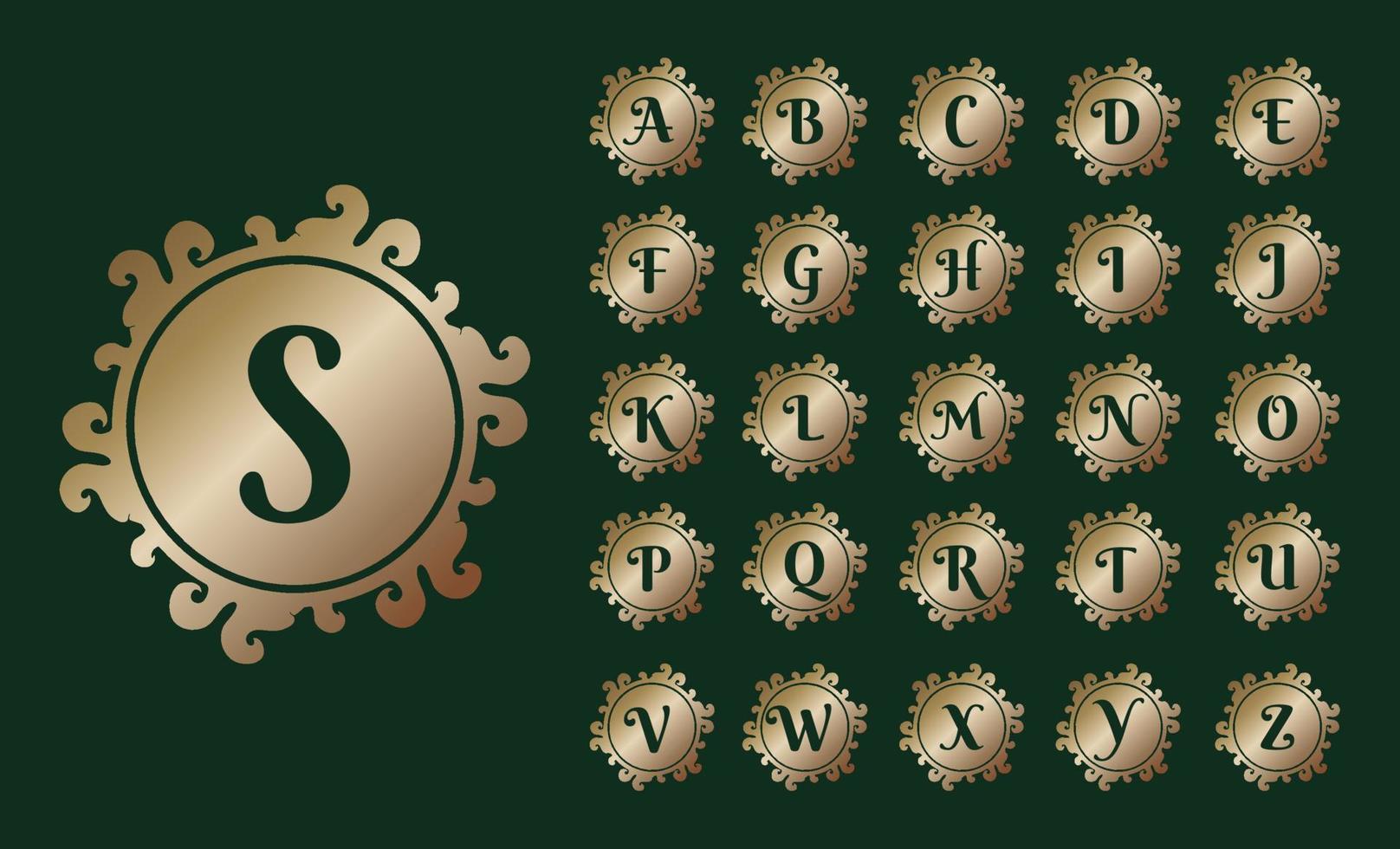 Letter A To Z Decorative Alphabet Logo Bundle Isolated On Dark Green Background. Elegant Curl Floral Logo Concept, Luxury Gold Initial Abjad Logo Design Template. EPS 10 File Project vector