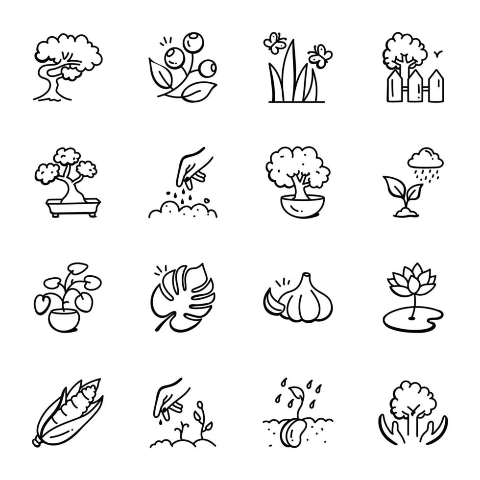 iconos dibujados a mano de jardinería vector