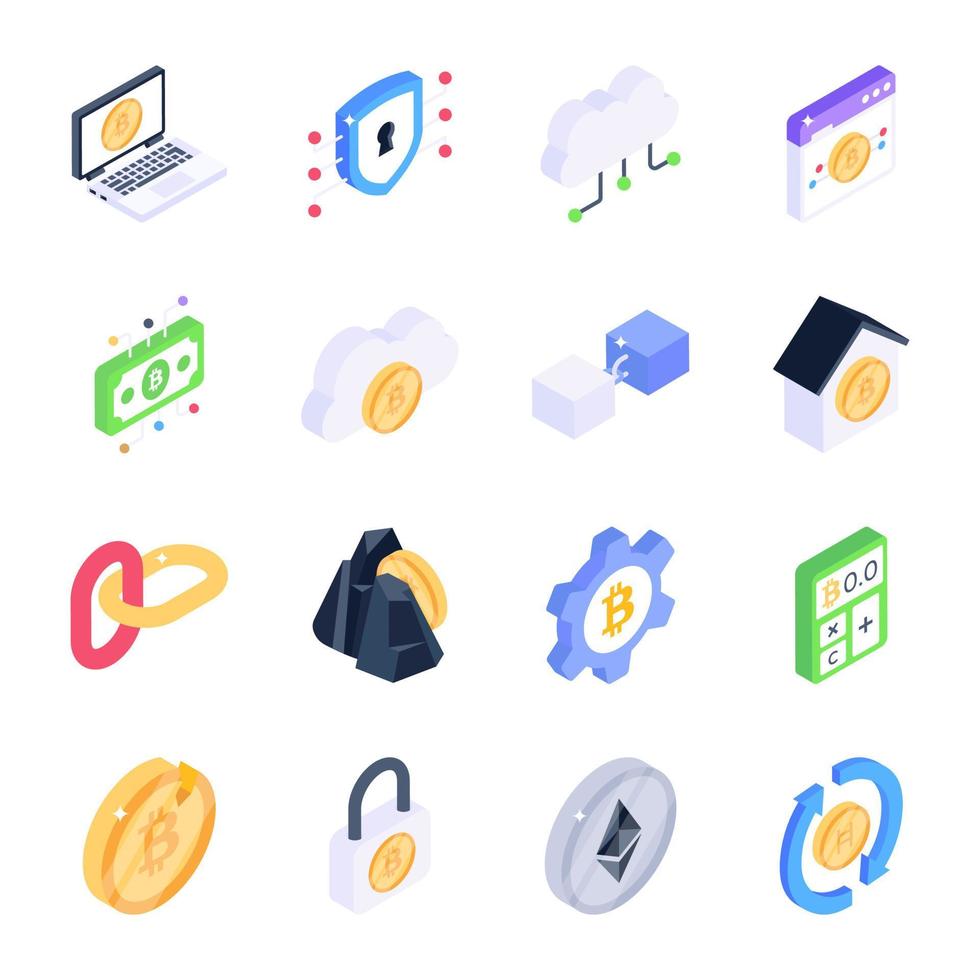 Collection of Blockchain Isometric Icons vector