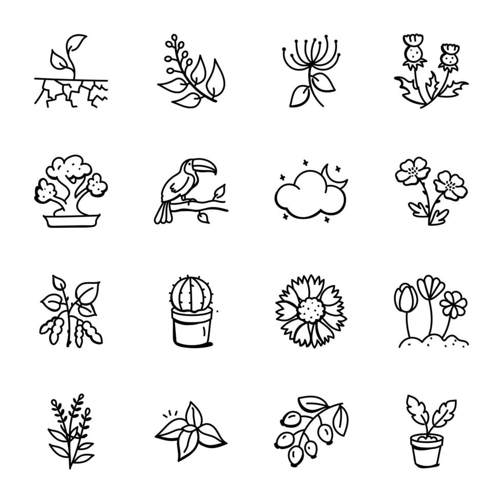 conjunto de iconos de doodle de naturaleza y eco vector