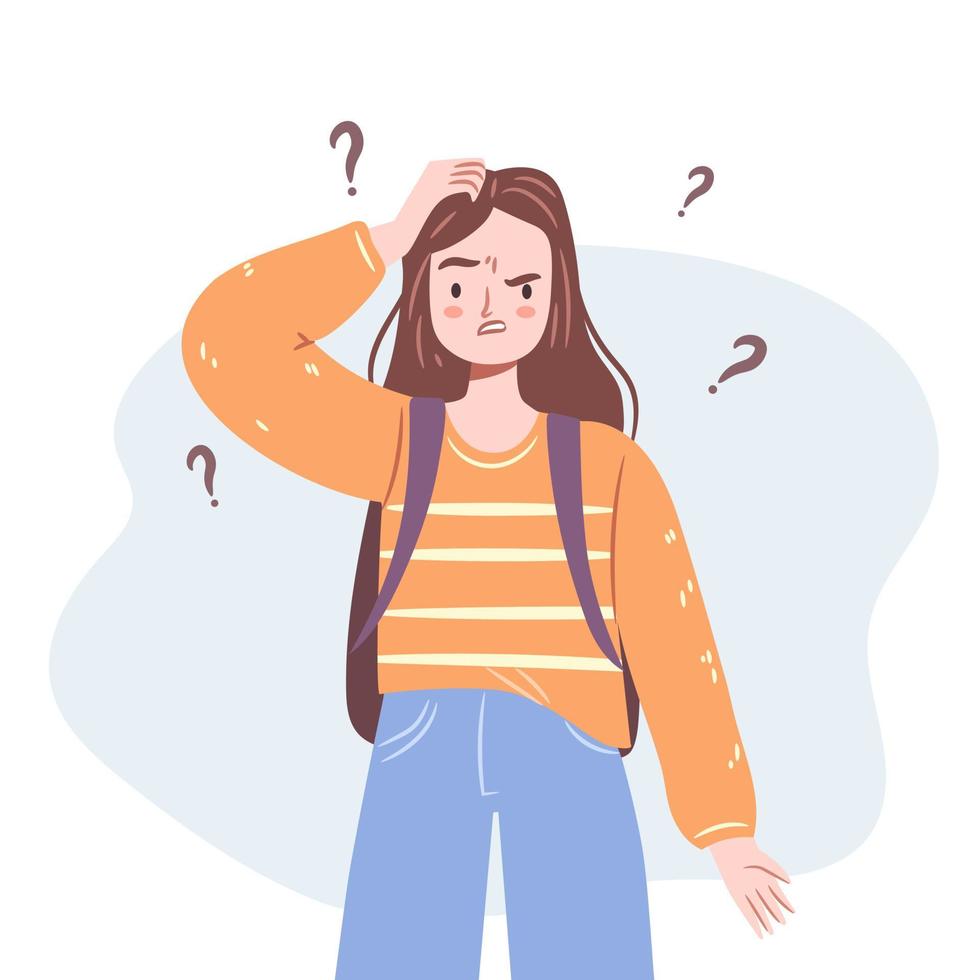 Confused girl. Young woman standing in doubt, thinking of dilemma. Isolated puzzled teenager with a backpack. Flat vector illustration.