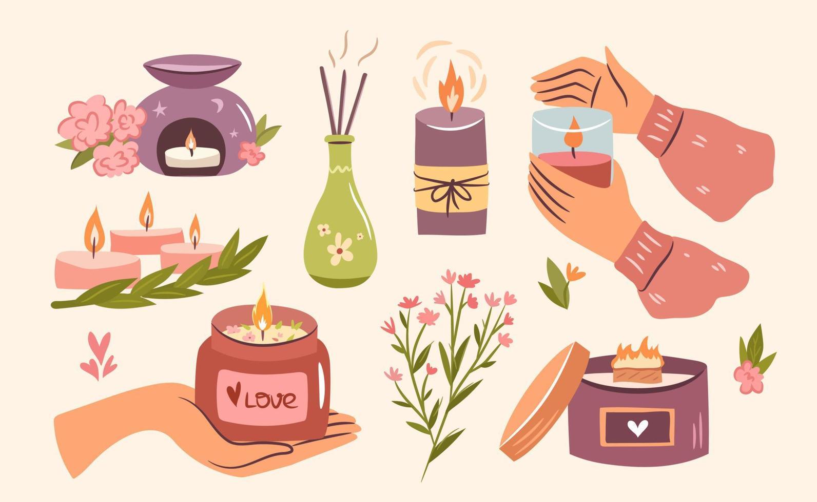 Scented candles set. Cozy collection of candles in hands, in a jar. Hygge time. Aromatherapy and relaxation set. Hand drawn flat vector. vector