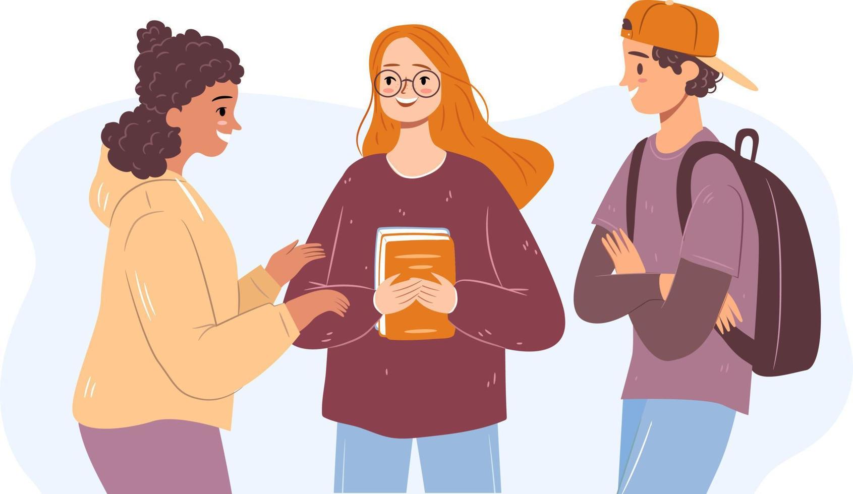 Happy diverse students on a school break. Girls and a guy talking. Group of people. Flat vector illustration.