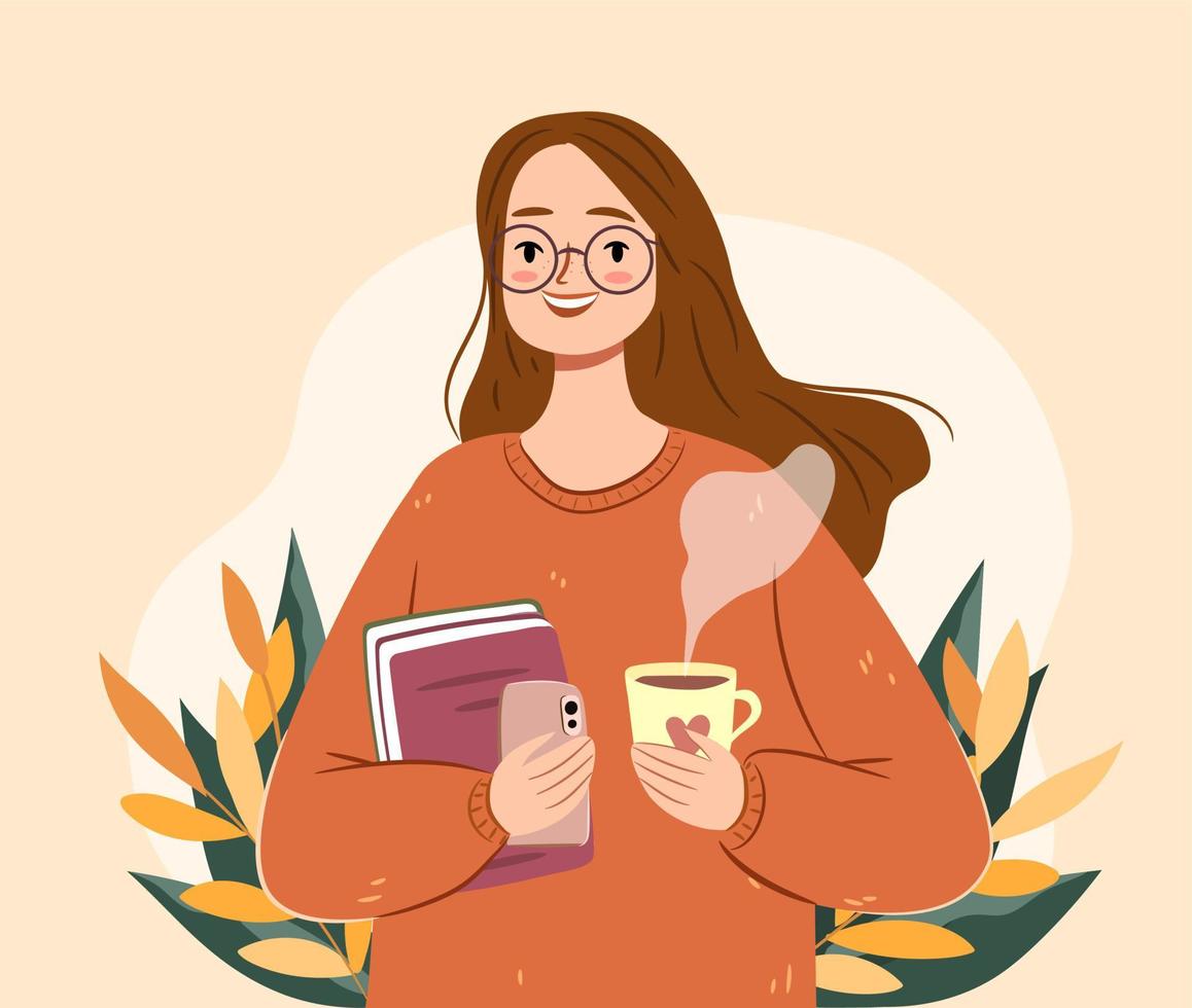 Autumn girl with tea and books. Isolated young woman in a sweater. Cozy fall vector illustration